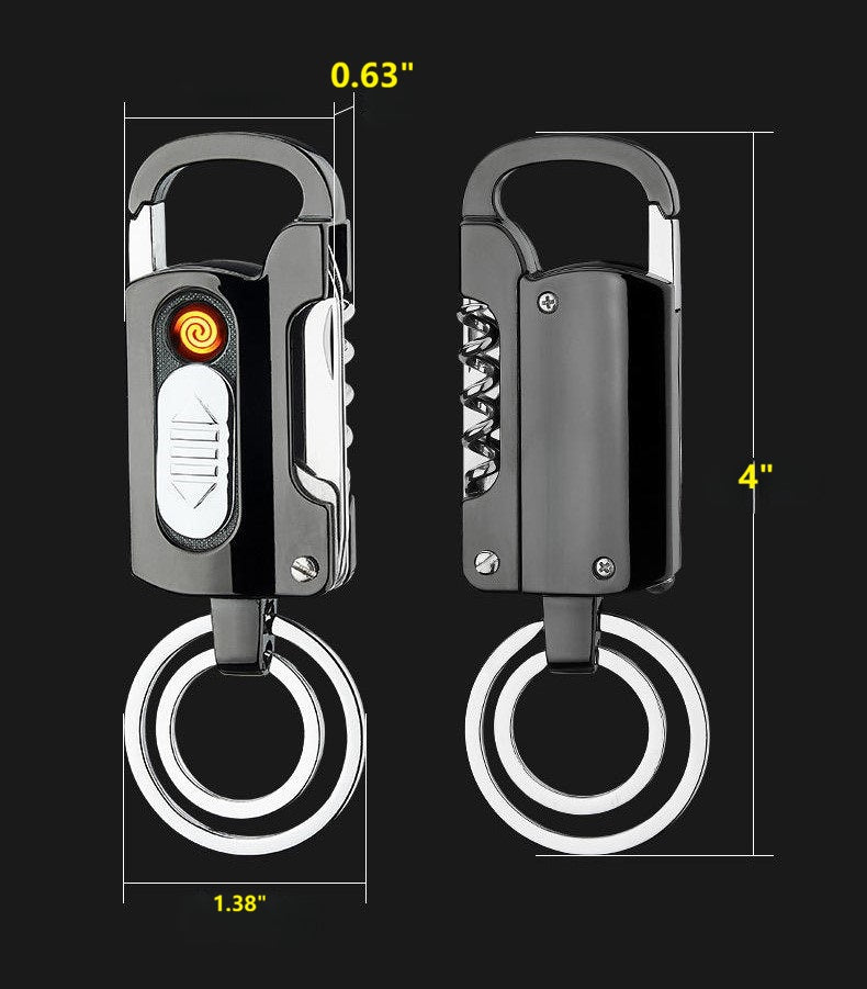 Multi-function Keychain with Cigarette Lighter, LED Flashlight, Nail File, Knife, Bottle Opener , Flathead Screwdriver
