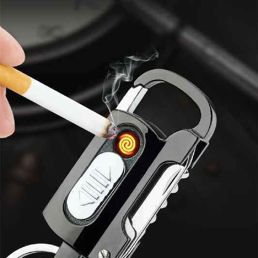 Multi-function Keychain with Cigarette Lighter, LED Flashlight, Nail File, Knife, Bottle Opener , Flathead Screwdriver