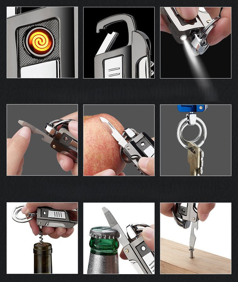 Multi-function Keychain with Cigarette Lighter, LED Flashlight, Nail File, Knife, Bottle Opener , Flathead Screwdriver